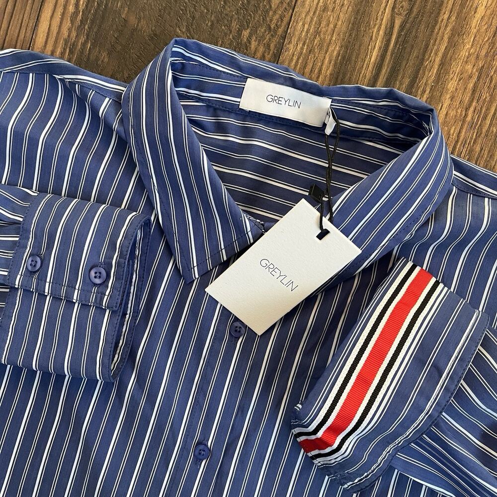 Greylin Hattie Stripe Shirt Blue White Oversized Poplin Button Up Women's L NEW